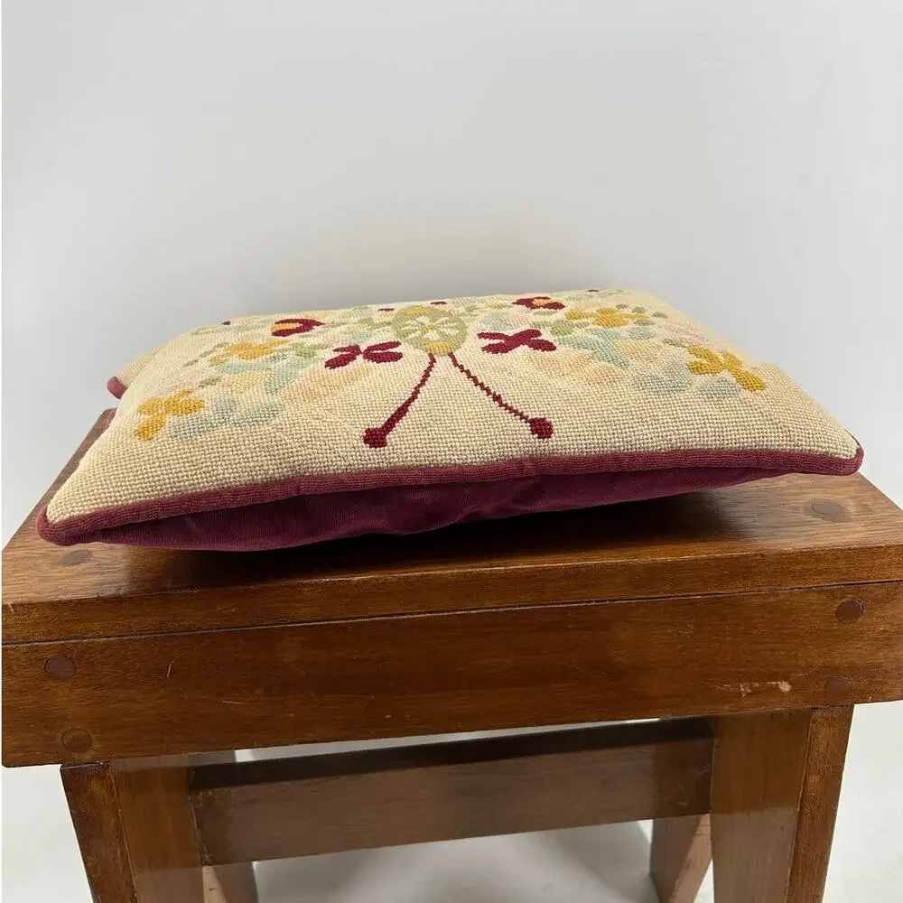Vintage Needlepoint Charming Butterfly Throw Pillow Multicolor Beige Velvet Back